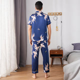 Conjunto de pijama de seda para hombre, ropa de dormir de seda con estampado de manga corta y botones, con pantalones largos