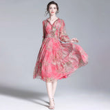 Vestido de midi de seda floral roja rosa con vestidos de seda de cuello en V con volantes