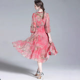 Vestido de midi de seda floral roja rosa con vestidos de seda de cuello en V con volantes