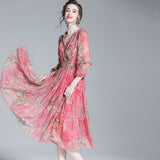Vestido de midi de seda floral roja rosa con vestidos de seda de cuello en V con volantes