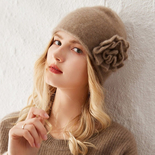 100% Cashmere Beanie with Handmade Crochet Flower for Women Elegant Cashmere Hats - slipintosoft