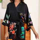 100% Mulberry Flower print Silk Kimono Robe - slipintosoft