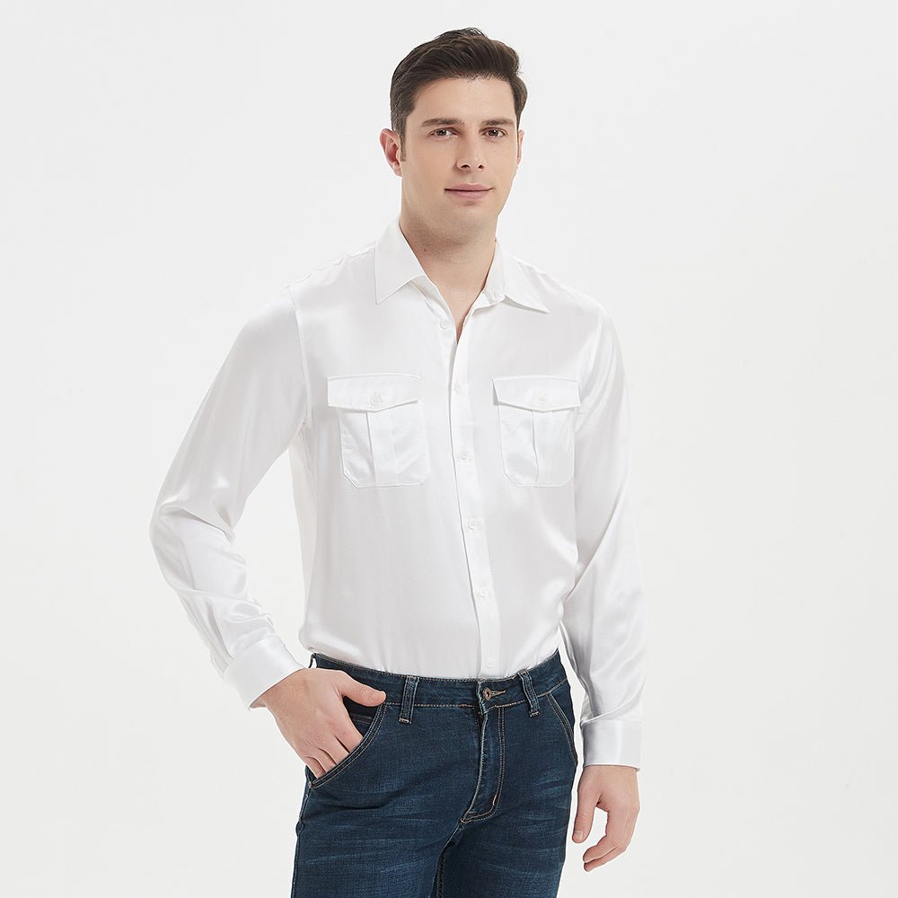 Camisa 100% seda morera para hombre Top de manga larga de seda