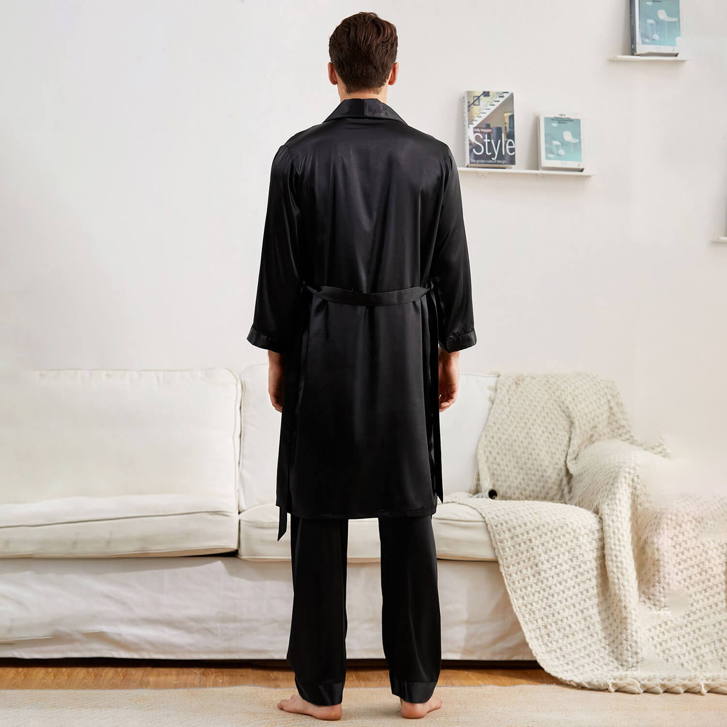 Bata de seda para hombre con pantalones Conjunto de salón de seda con cinturón Conjunto de pijama para dormir albornoz de seda