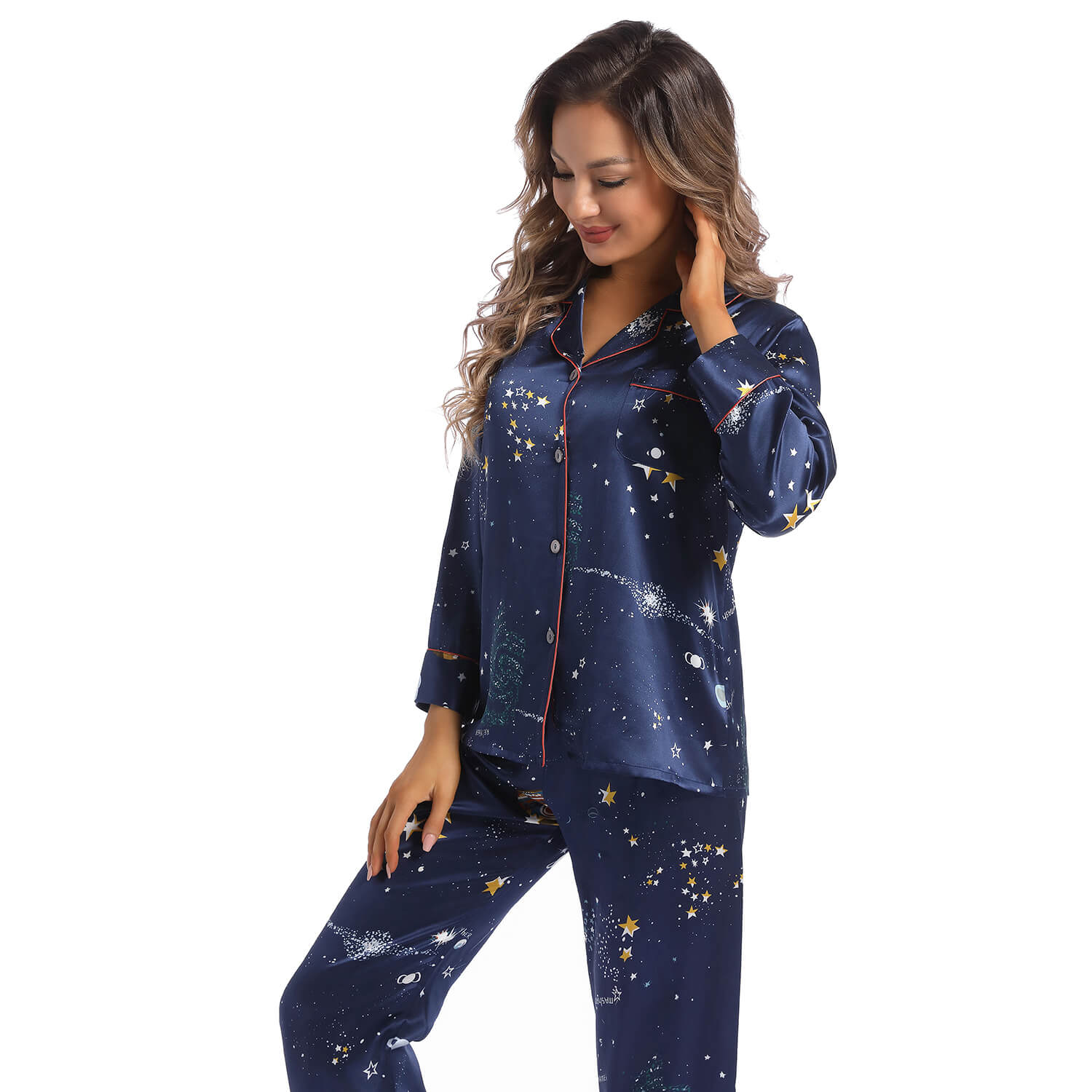 Conjunto de pijamas de dos piezas de seda larga para mujer Pijamas de seda de la mejor calidad PJS de seda estampada