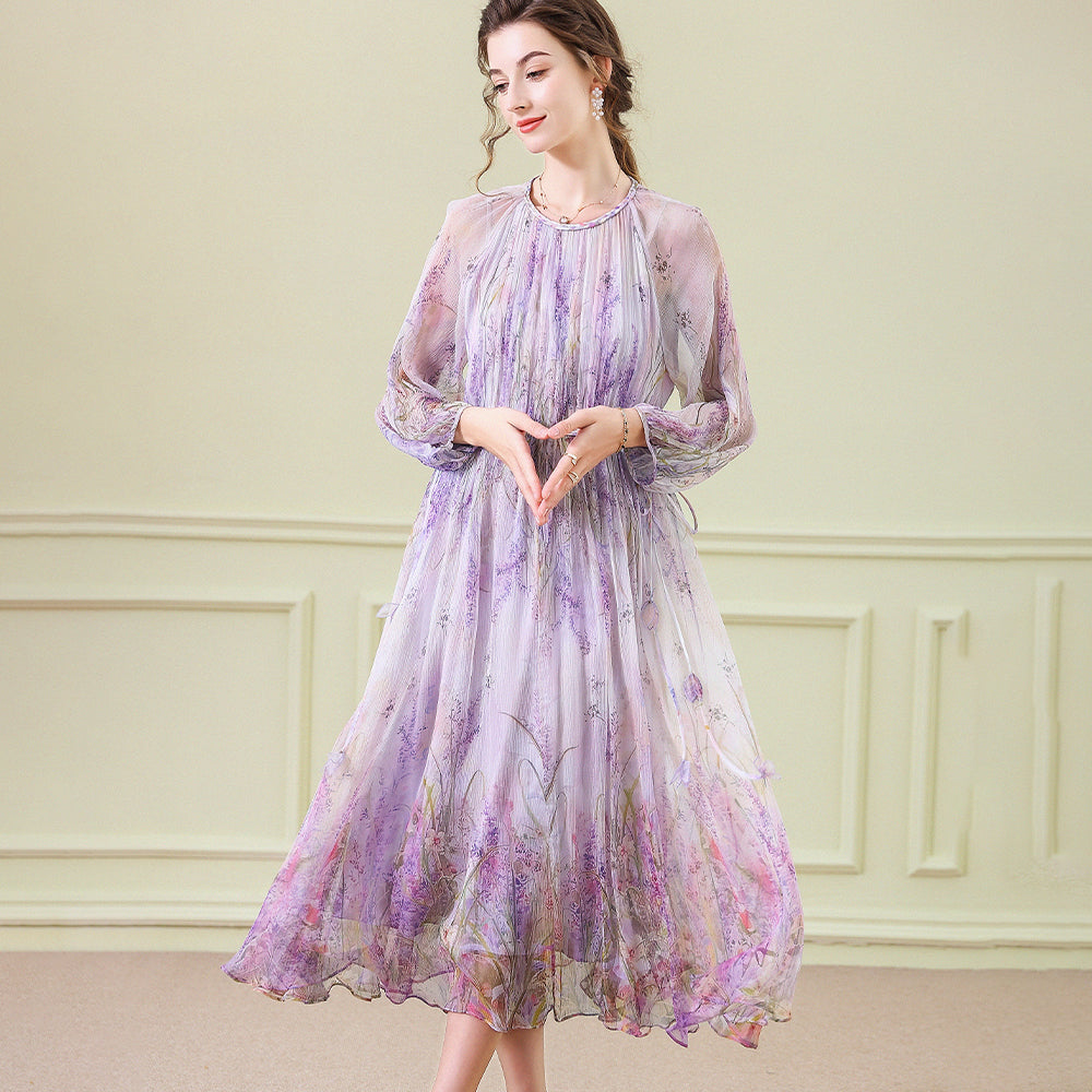 Vestido midi de seda floral con vestidos de seda de mangas largas transparentes para mujeres