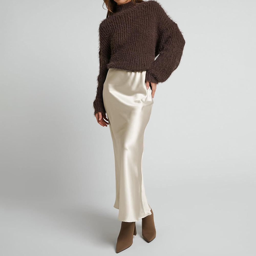 Vestido de seda de cintura alta de seda de flujo elegante de flujo para mujeres