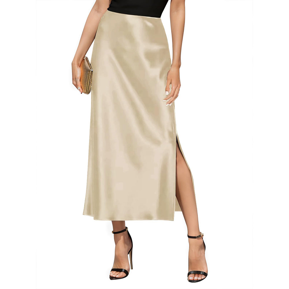 Falda maxi de seda para mujer con hendidura lateral falda de seda de cintura alta