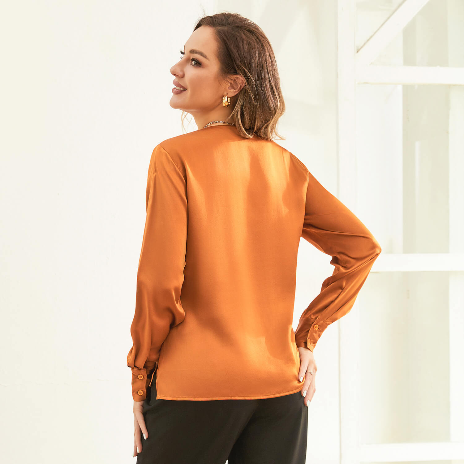 22 Momme V Neck & Ribbon Silk Blouse For Women Elegant Long Sleeves Silk Shirt - slipintosoft
