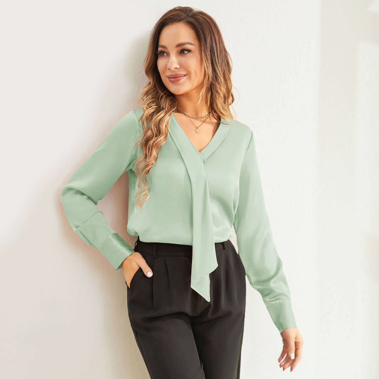 22 Momme V Neck & Ribbon Silk Blouse For Women Elegant Long Sleeves Silk Shirt - slipintosoft