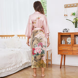 Bata tipo kimono de seda de morera 100% larga de lujo con estampado Floral Vintage para mujer