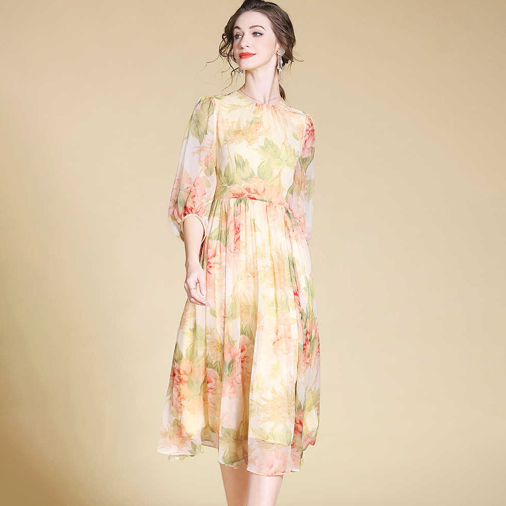 Vestido midi de seda floral elegante para mujer con mangas transparentes vestidos de seda largos