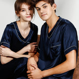 Conjuntos de pijamas de seda para parejas de manga corta, pijamas a juego de seda para mujeres y hombres