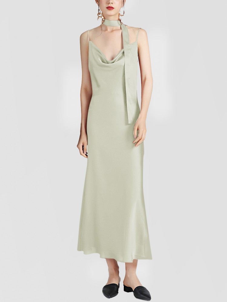 Vestido sin mangas de seda para mujer Vestidos de invitado de boda de cuello cuenco de seda