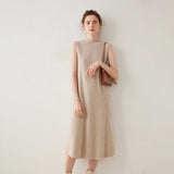 Vestido de cachemira sin mangas para mujer Vestido midi de punto de cachemira con cuello simulado