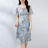 Vestido floral de seda de cuello para mujer Silk Midi Vestido con mangas de aleteo