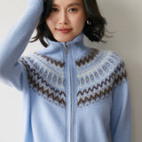 Womens Fair Isle Cashmere Cardigan Full Zip Mock Neck Cashmere Sweater