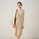Womens Cashmere Vest Dress V Neck Cable Knit Sleeveless Cashmere Midi Dress