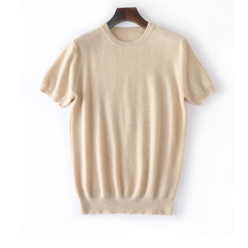 Manga corta de manga corta suéter de cachemir puro cuello tops texturizado