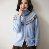Womens Fair Isle Cashmere Cardigan Full Zip Mock Neck Cashmere Sweater