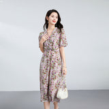 Vestido floral de seda floral para mujer Manga de hojaldre Vestido de seda de cintura plisada