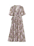 Vestido floral de seda floral para mujer Manga de hojaldre Vestido de seda de cintura plisada