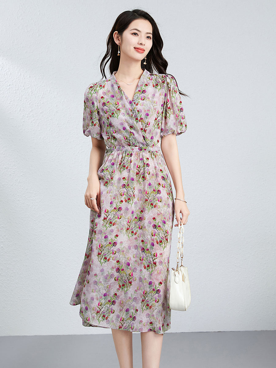 Vestido floral de seda floral para mujer Manga de hojaldre Vestido de seda de cintura plisada
