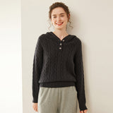 Suéter Henley De Cachemira Con Capucha Y Punto De Cable Para Mujer
