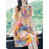 Vestido de seda floral colorido para mujer Manga con volante de seda corta