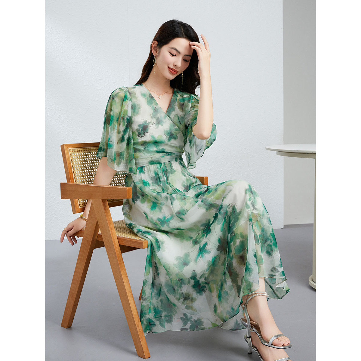 Vestido de gasa de seda verde para mujer Silk Máxi Vestido floral de seda