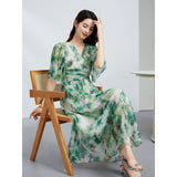 Vestido de gasa de seda verde para mujer Silk Máxi Vestido floral de seda