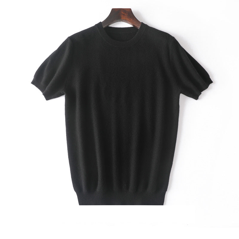 Manga corta de manga corta suéter de cachemir puro cuello tops texturizado
