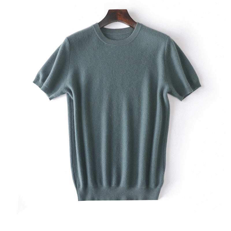 Manga corta de manga corta suéter de cachemir puro cuello tops texturizado