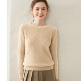 Womens Diamond Knit Cashmere Sweater Long Sleeve Crew Neck Cashmere Pullover
