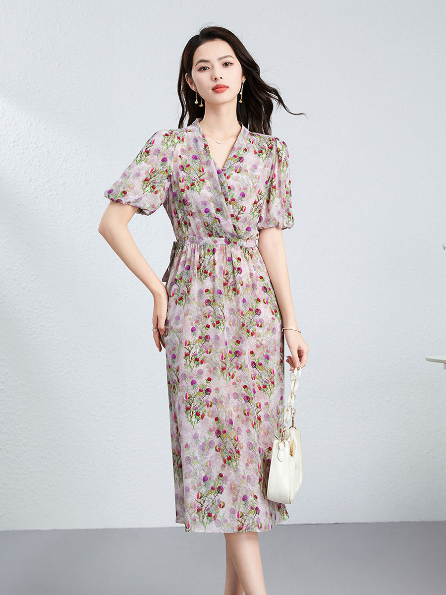 Vestido floral de seda floral para mujer Manga de hojaldre Vestido de seda de cintura plisada