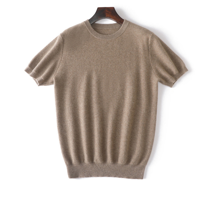Manga corta de manga corta suéter de cachemir puro cuello tops texturizado