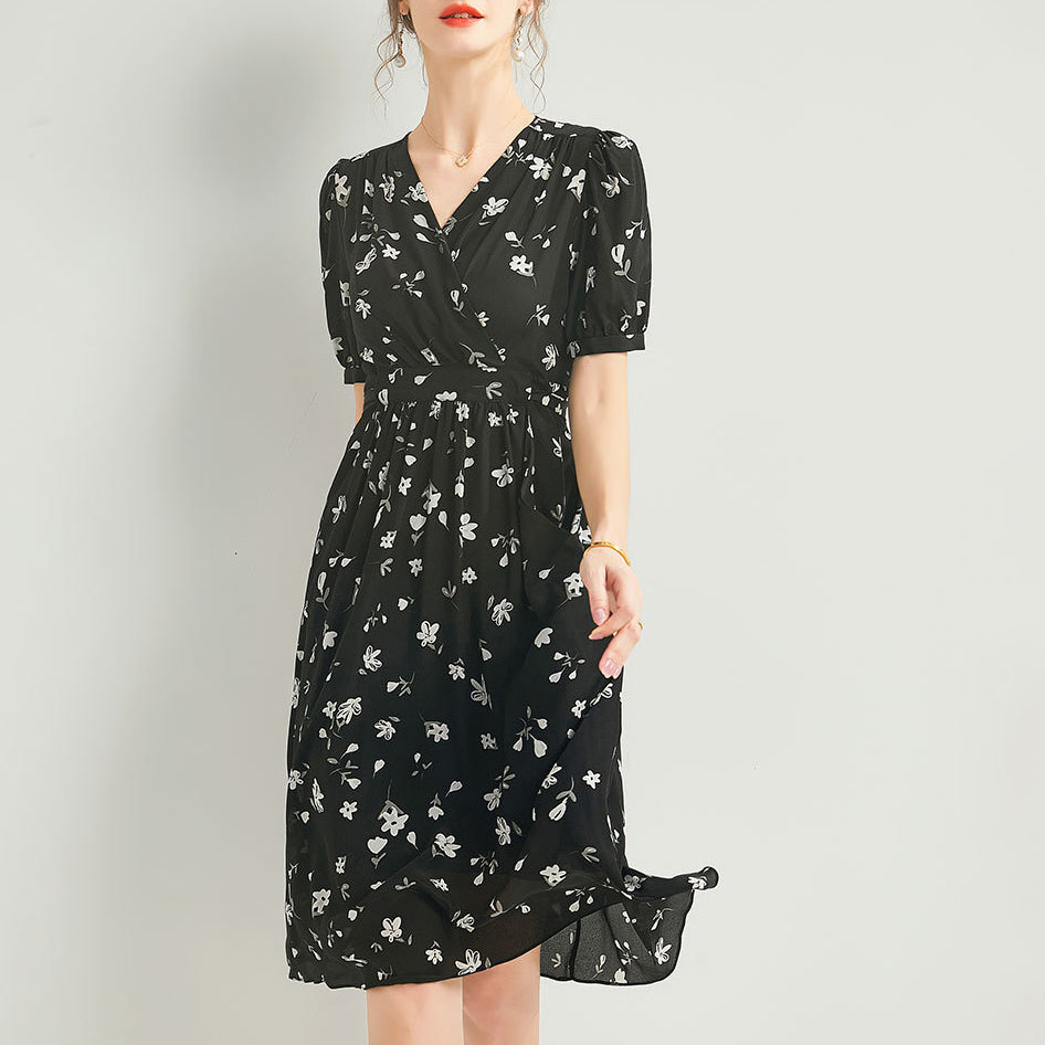Vestido midi de seda para mujer Manio hojaldre Vestido de seda negro con estampado floral
