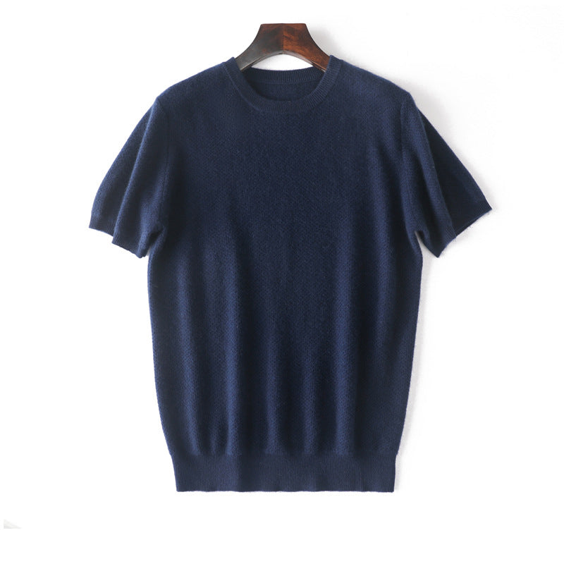 Manga corta de manga corta suéter de cachemir puro cuello tops texturizado