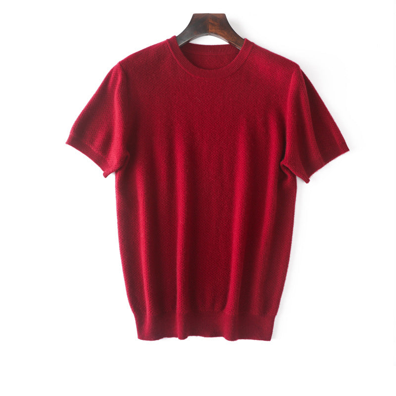 Manga corta de manga corta suéter de cachemir puro cuello tops texturizado