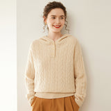 Suéter Henley De Cachemira Con Capucha Y Punto De Cable Para Mujer