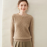 Womens Diamond Knit Cashmere Sweater Long Sleeve Crew Neck Cashmere Pullover