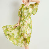 Vestido midi de gasa de seda para mujer con mangas onduladas en color agua<tc>color</tc> Vestido de seda verde floral