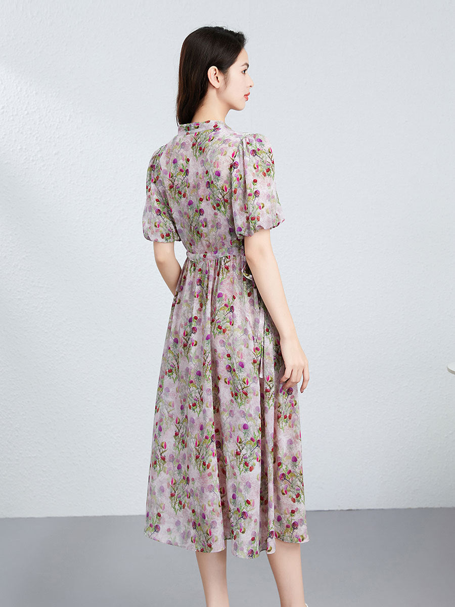Vestido floral de seda floral para mujer Manga de hojaldre Vestido de seda de cintura plisada