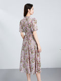 Vestido floral de seda floral para mujer Manga de hojaldre Vestido de seda de cintura plisada