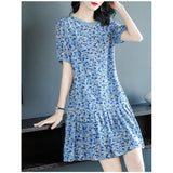 Vestido de seda corta de hojas de seda con estampado de estampado floral azul para mujer
