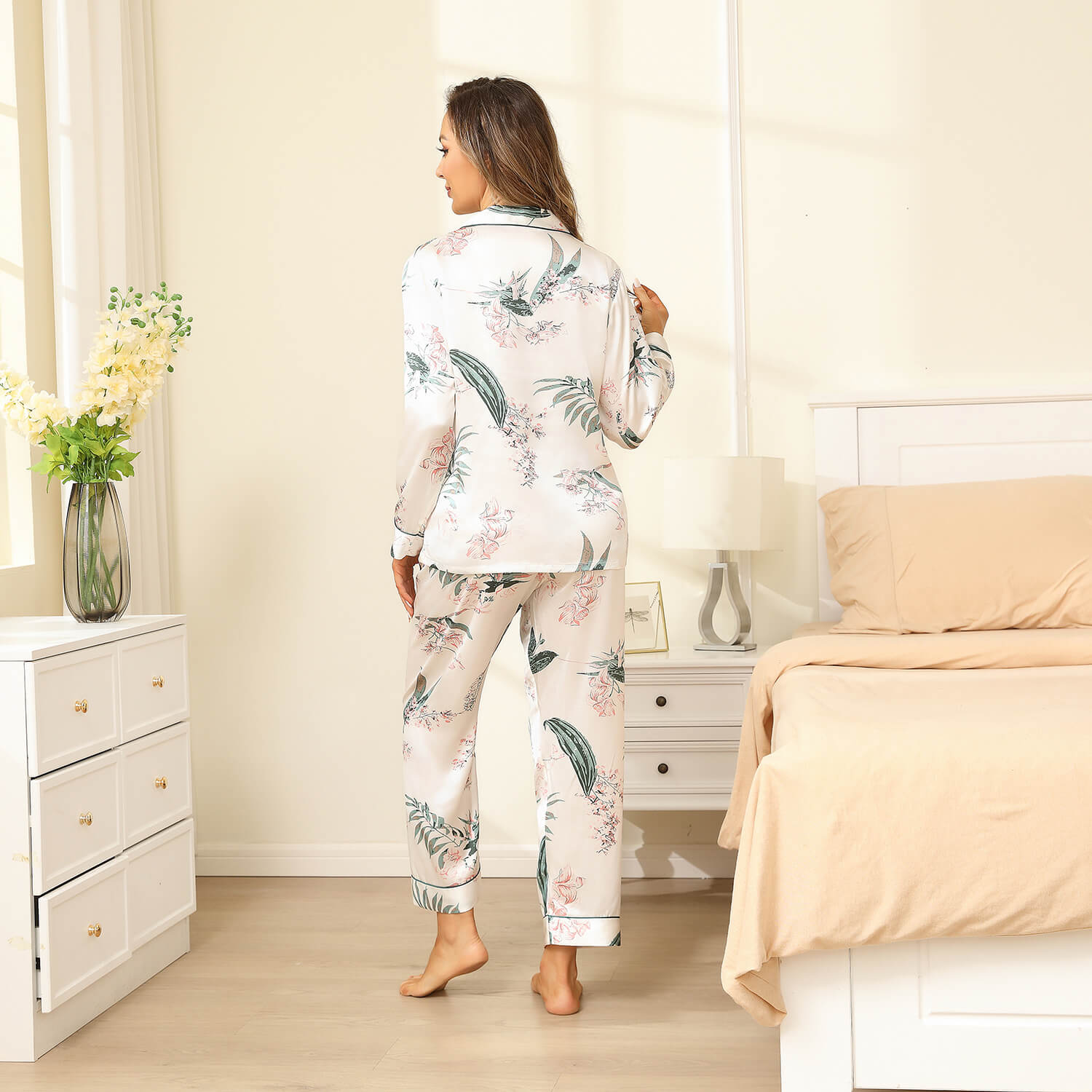 Best Silk Pajama Set For Women Long Flower Print Mulberry Silk Pyjamas Luxury Silk Sleepwear - slipintosoft