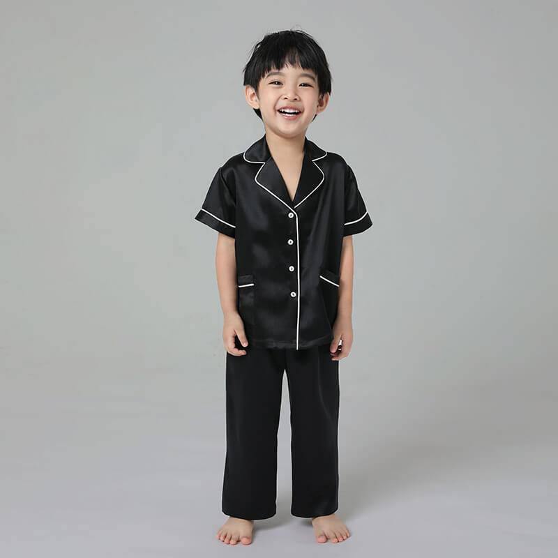 19 Momme Boys Short Silk Pajamas Set White Trimming Kid's Comfortable Nightwear -  slipintosoft