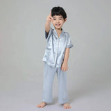 19 Momme Boys Short Silk Pajamas Set White Trimming Kid's Comfortable Nightwear -  slipintosoft