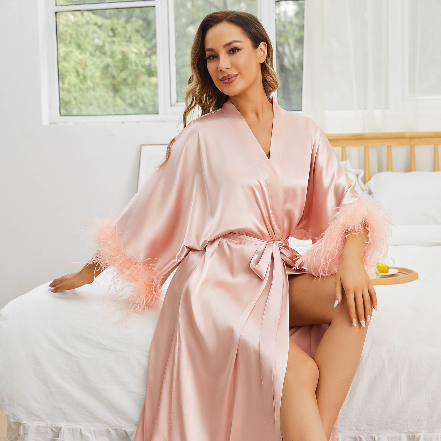 Silk Kimono Robe with Ostrich Feather Trim Long Silk Wedding Bridesmaid Robe - slipintosoft