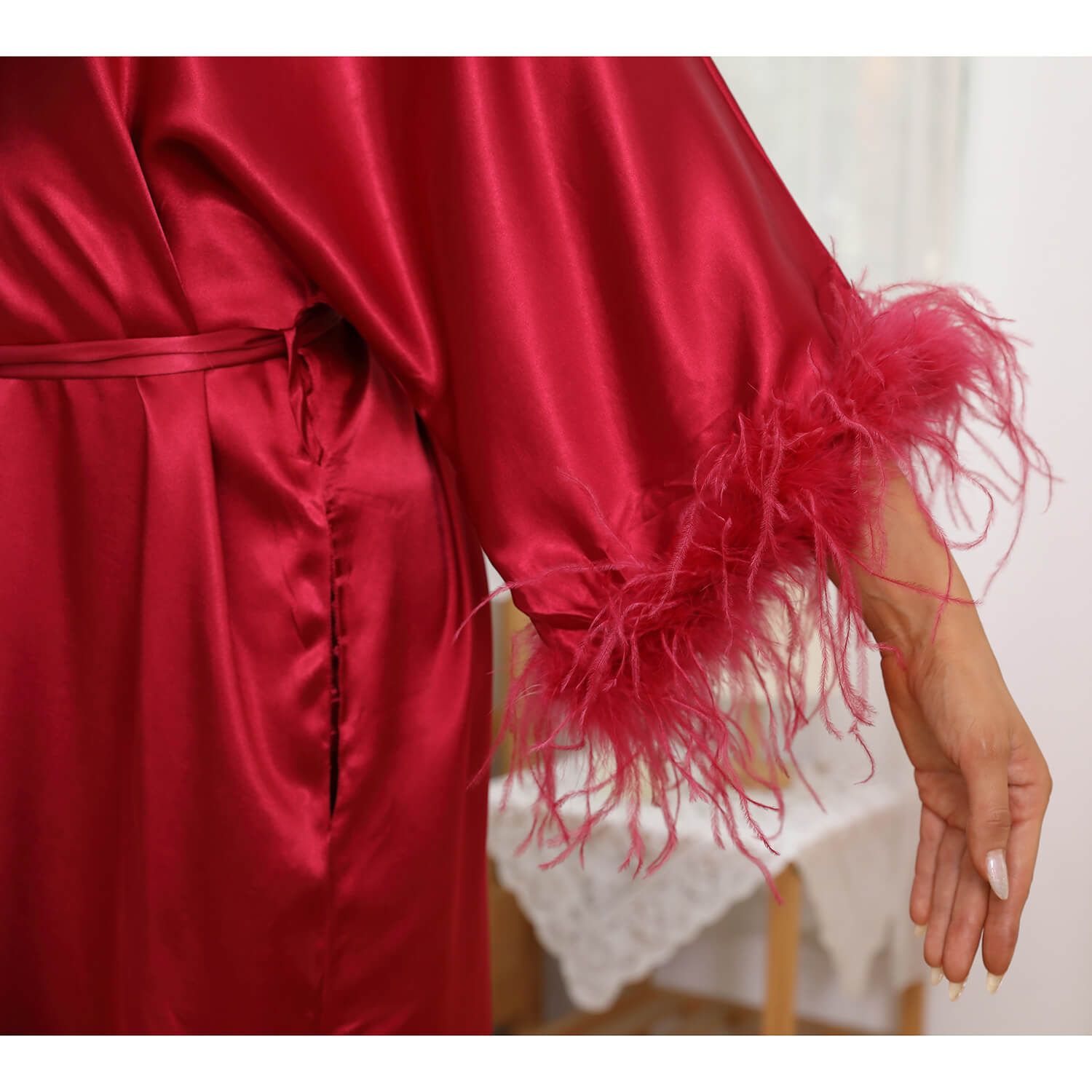 Silk Kimono Robe with Ostrich Feather Trim Long Silk Wedding Bridesmaid Robe - slipintosoft